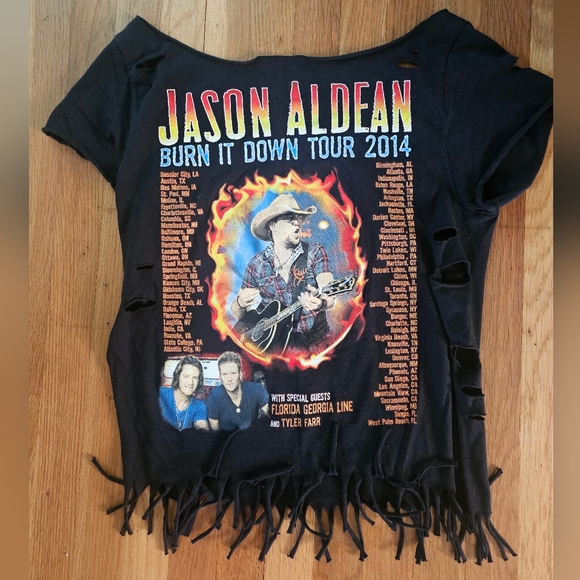 Jason Aldean Upcycled Burn it Down Hand Cut Black Concert T-Shirt Women's Large - Picture 2 of 11